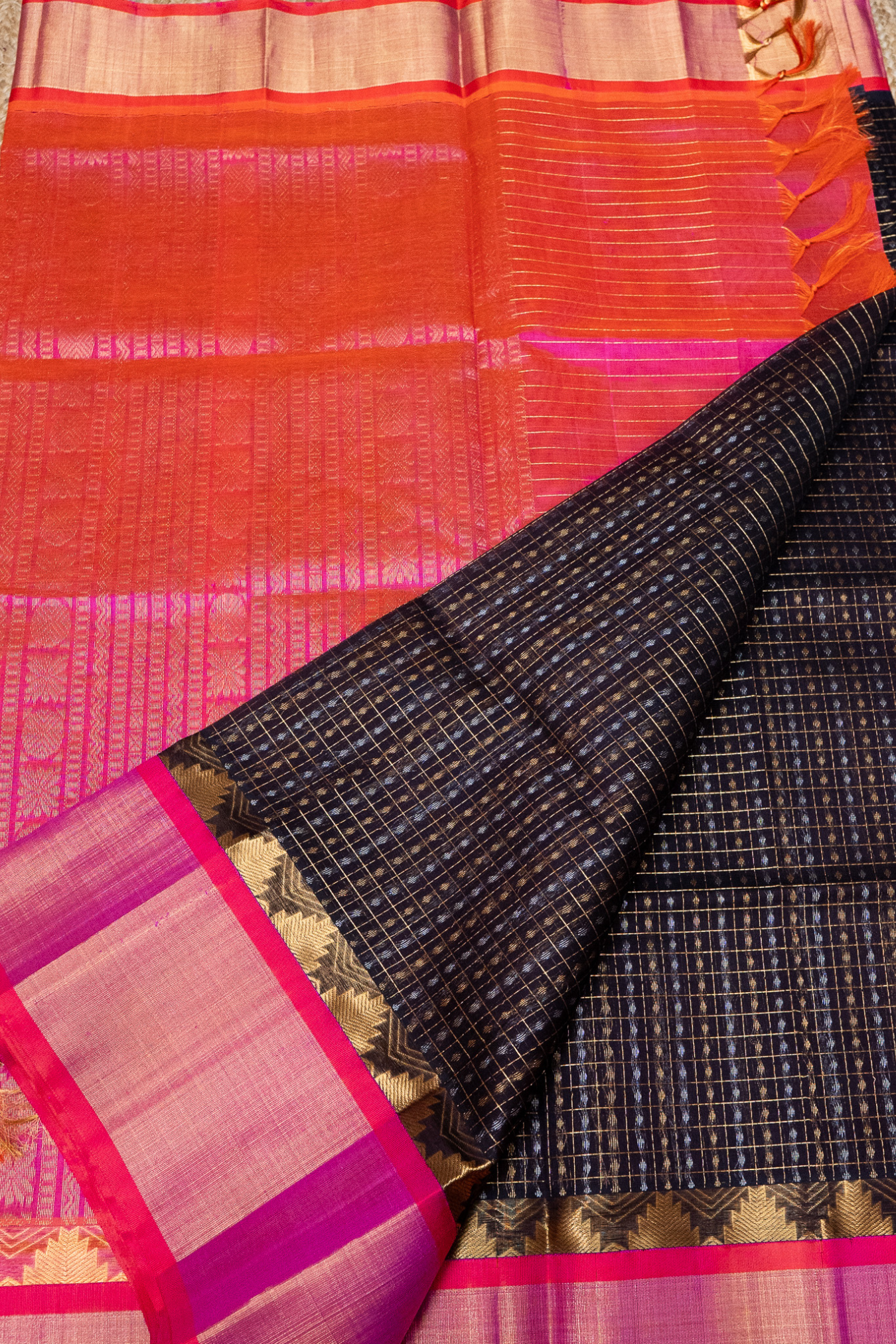 Lakshadeepam Coal Black with Multishade Pink Border  Korvai Saree -146