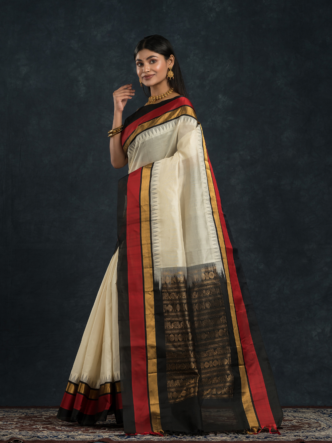 Korvai Saree with Temple border Pearl White and Red Black Border - 124