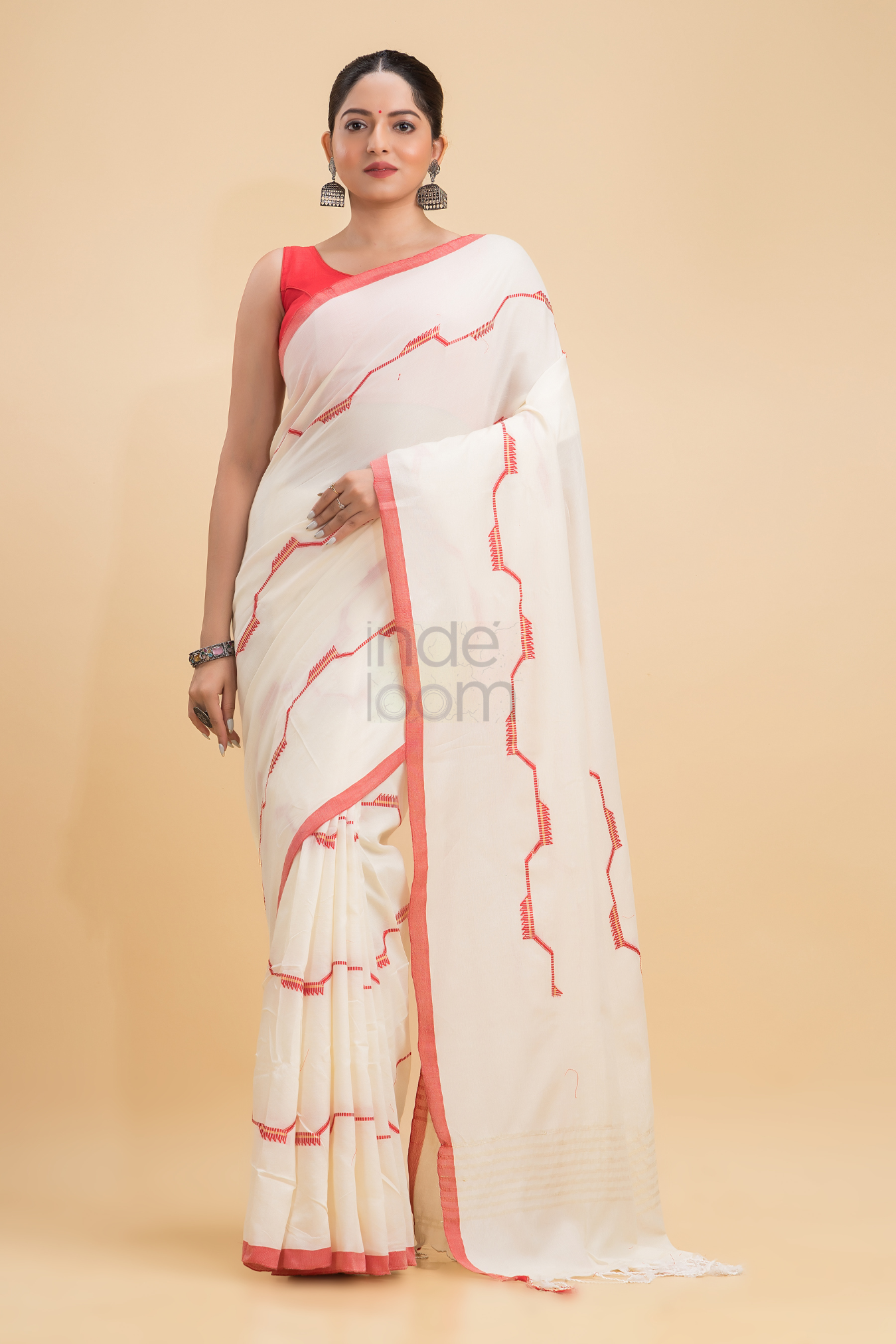 Durga Puja Saree Handloom Cotton in Red White- 001