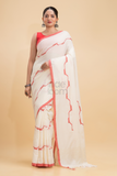 Durga Puja Saree Handloom Cotton in Red White- 001