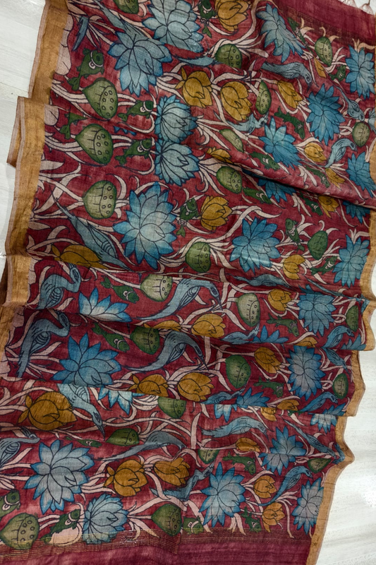 Wine Red Design Tussar Silk Kalamkari Dupatta -020