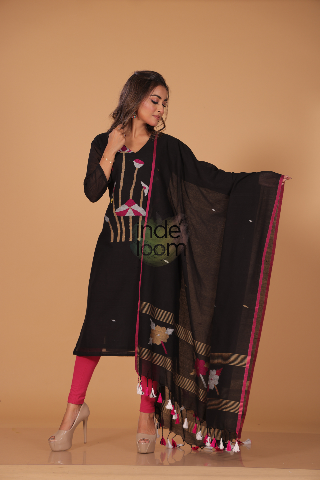 Muslin Jamdani 2-Piece Set Kurti & Dupatta (UNSTITCHED) - Rich Black - 080