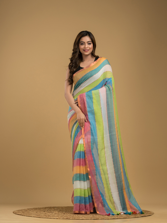 Multi Colours Mul Cotton Zari Stripes Saree - 035