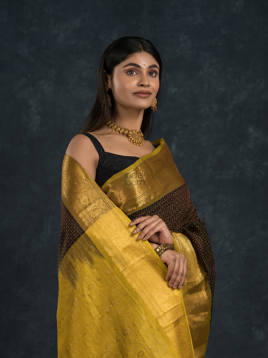 Korvai Saree Lakshadeepam black with olive green border and yellow Border - 134