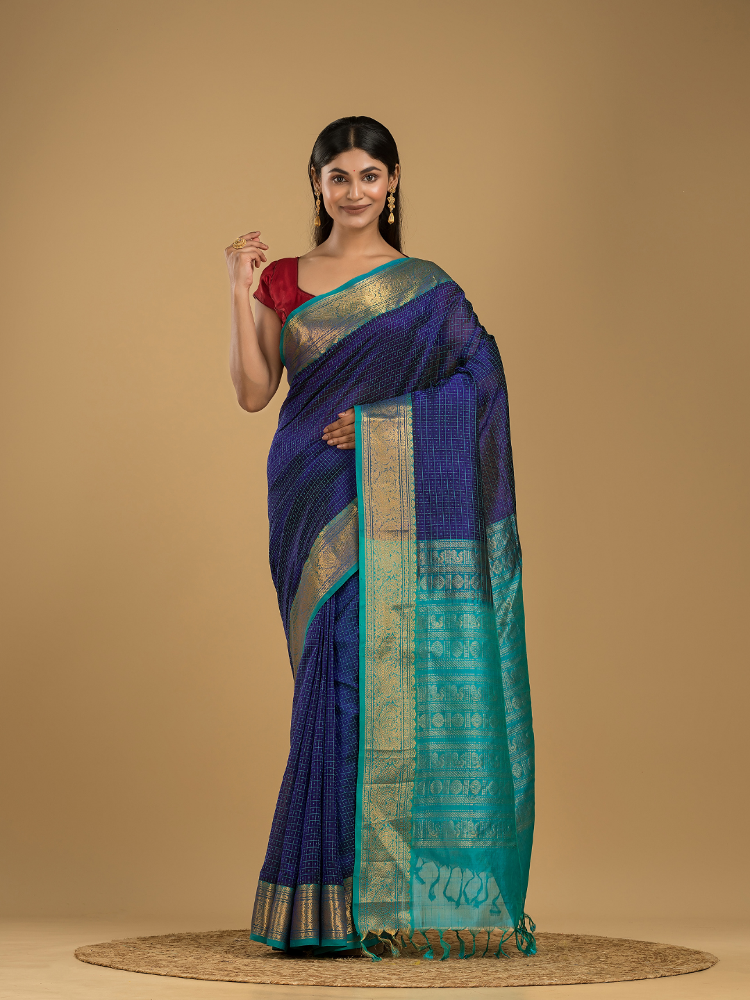 Pure handloom Korvai Silk Cotton Lakshadeepam Saree in Berry Blue and Baby Blue Border - 125