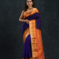 Pure handloom Korvai Saree with temple border Wine Purple With Beige & Orange Border - 113