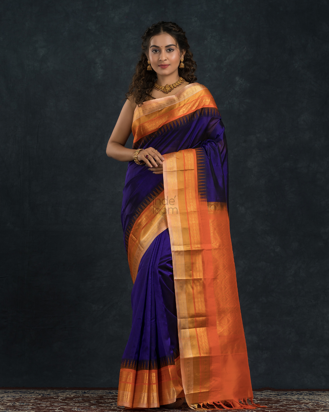 Pure handloom Korvai Saree with temple border Wine Purple With Beige & Orange Border - 113