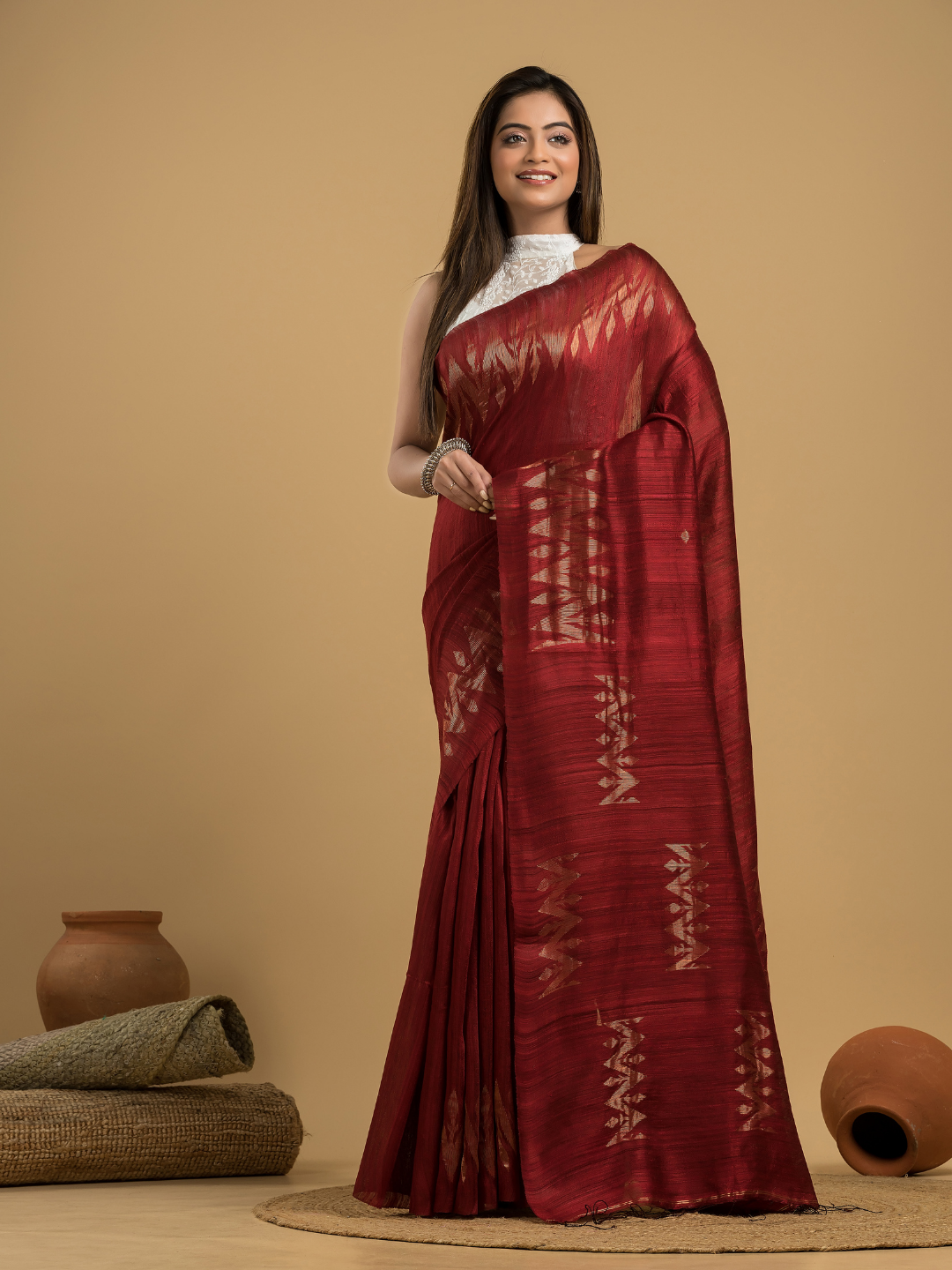 Blood Red Matka Silk Jamdani Saree - 050