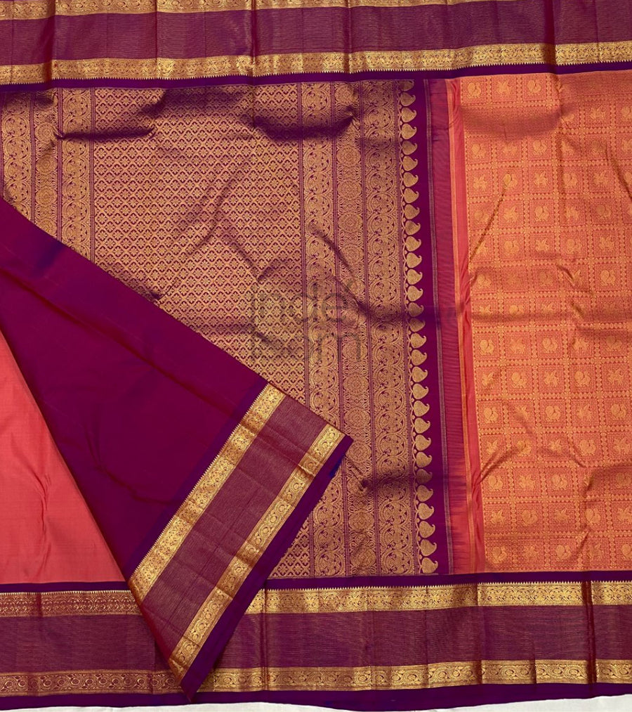 Orange with Purple Border and Zari Pallu Kanjivaram Silk Saree-020