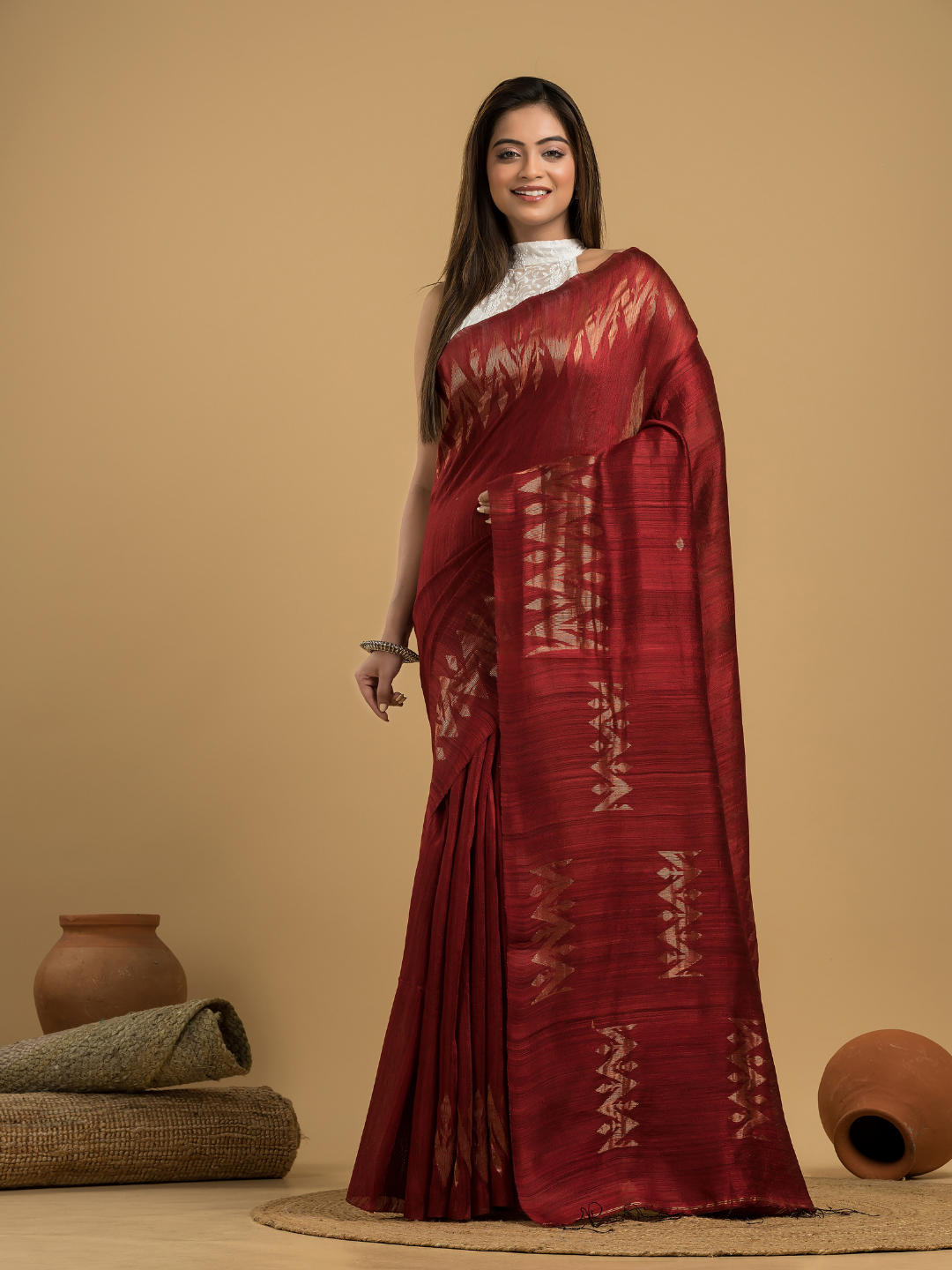 Blood Red Matka Silk Jamdani Saree - 050