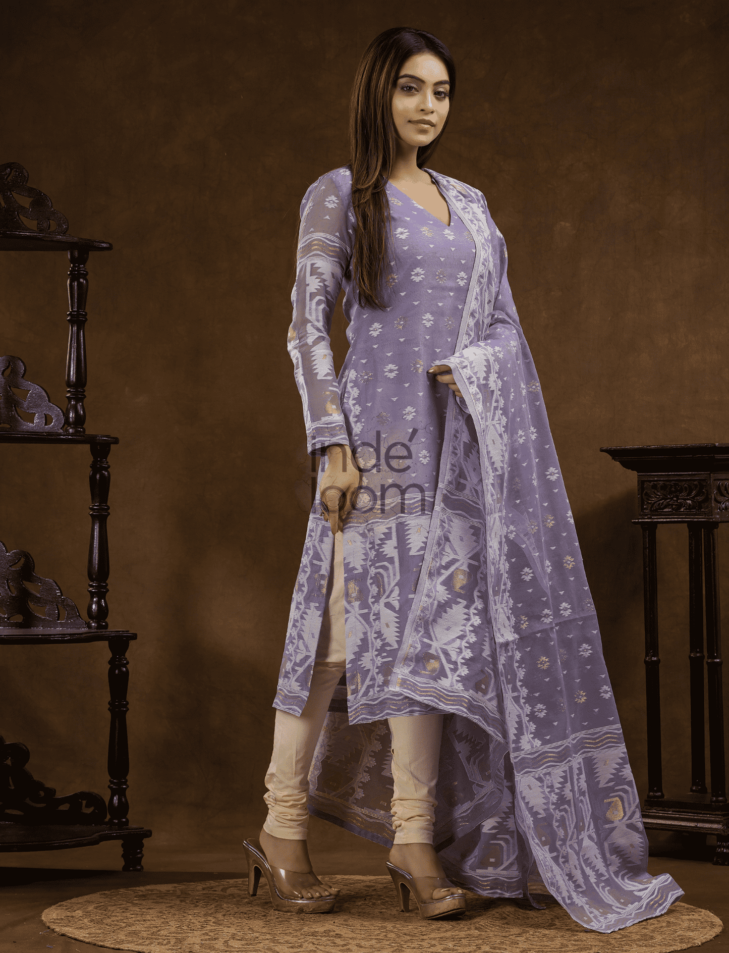 Lavender Purple Cotton Silk Jamdani 2-Piece Set Kurti & Dupatta (UNSTITCHED) - 380