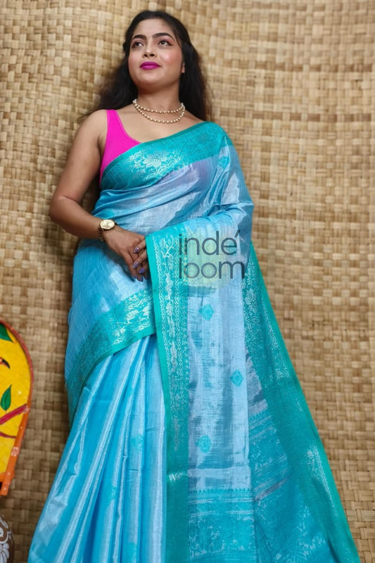 Tissue Silk Benarashi Jamdani Saree with Azure Blue-107