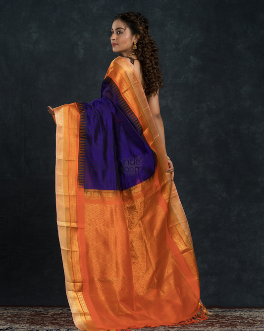 Pure handloom Korvai Saree with temple border Wine Purple With Beige & Orange Border - 113