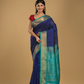 Pure handloom Korvai Silk Cotton Lakshadeepam Saree in Berry Blue and Baby Blue Border - 125