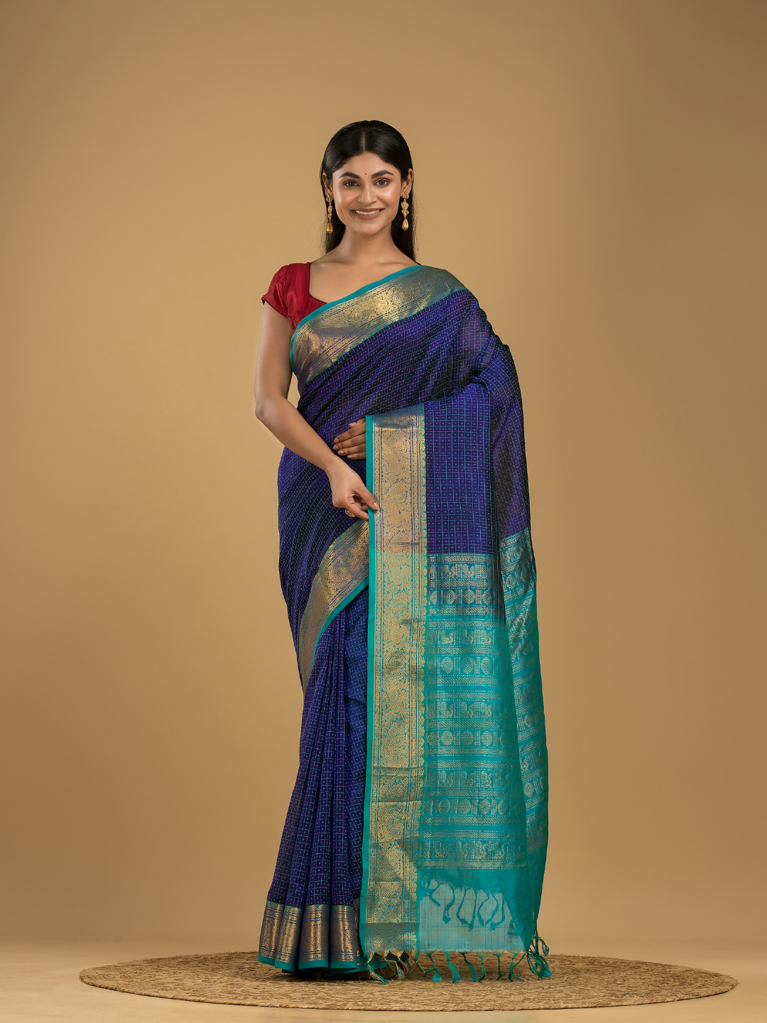 Pure handloom Korvai Silk Cotton Lakshadeepam Saree in Berry Blue and Baby Blue Border - 125