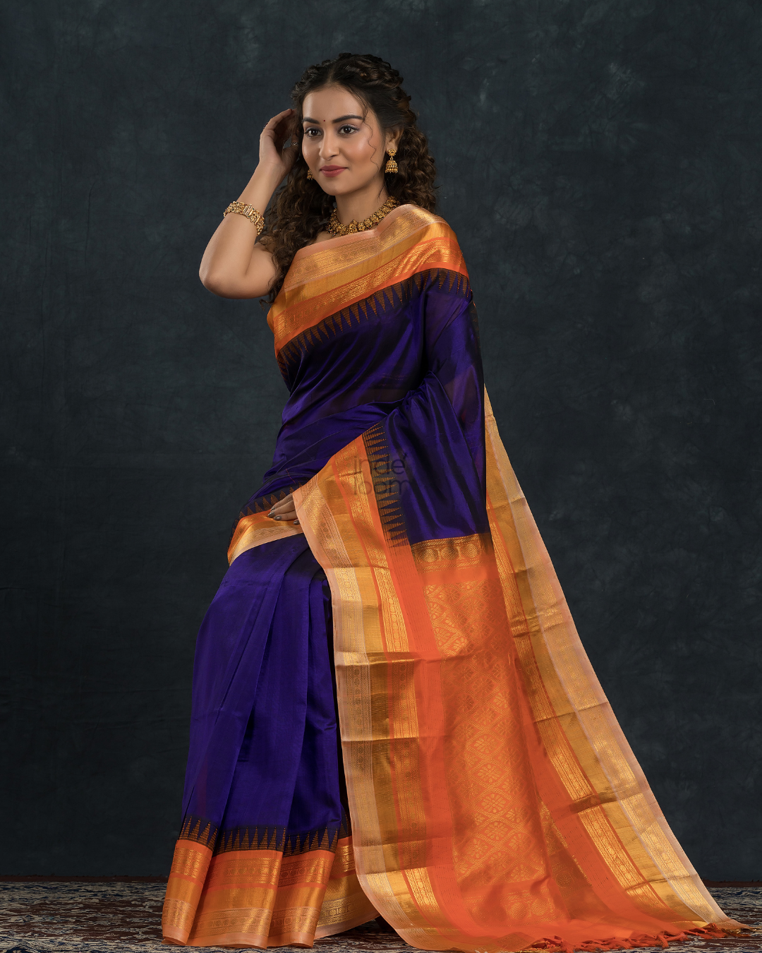 Pure handloom Korvai Saree with temple border Wine Purple With Beige & Orange Border - 113