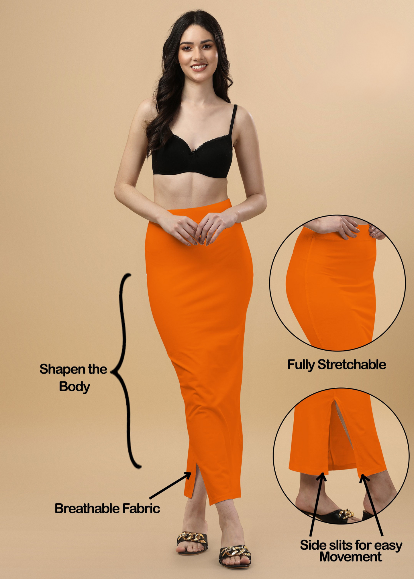 Saree Shapewear Straight Cut Style In Neon Orange Color - 015