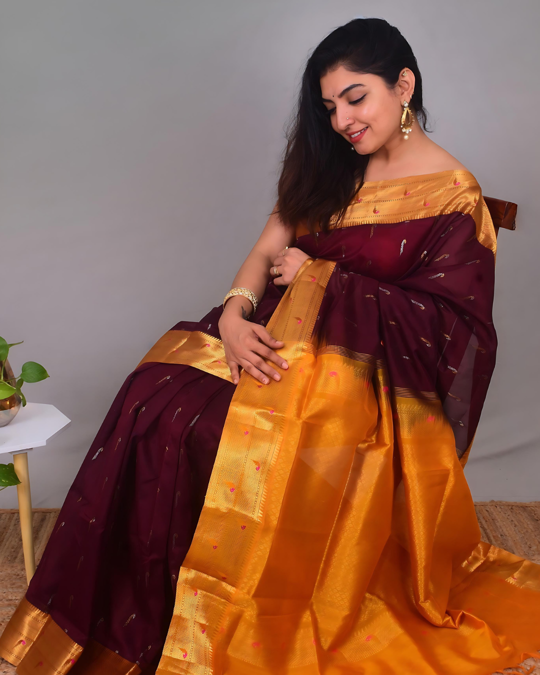 Korvai Saree Paithani design Dark Brown Golden Yellow Border - 126