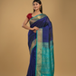 Pure handloom Korvai Silk Cotton Lakshadeepam Saree in Berry Blue and Baby Blue Border - 125