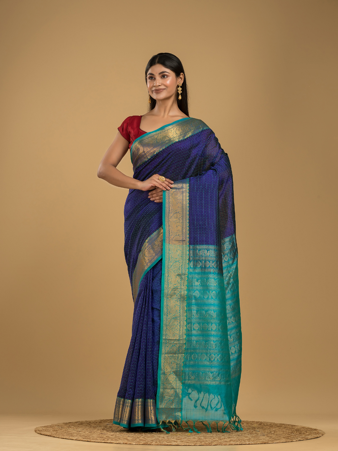 Pure handloom Korvai Silk Cotton Lakshadeepam Saree in Berry Blue and Baby Blue Border - 125