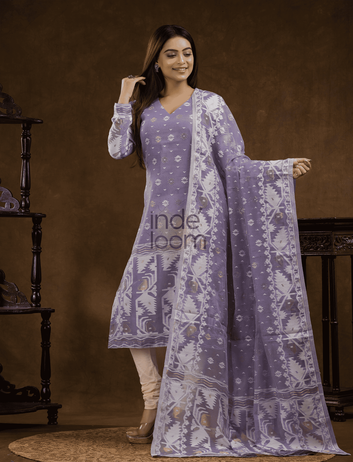 Lavender Purple Cotton Silk Jamdani 2-Piece Set Kurti & Dupatta (UNSTITCHED) - 380