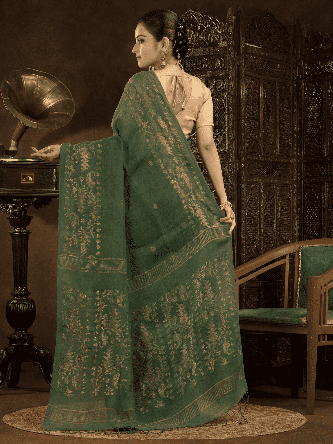 Pine Green Jamdani Saree - 017