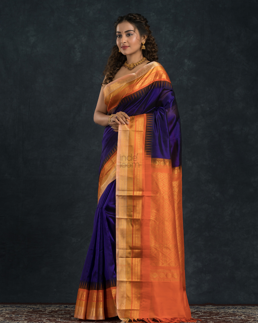 Pure handloom Korvai Saree with temple border Wine Purple With Beige & Orange Border - 113