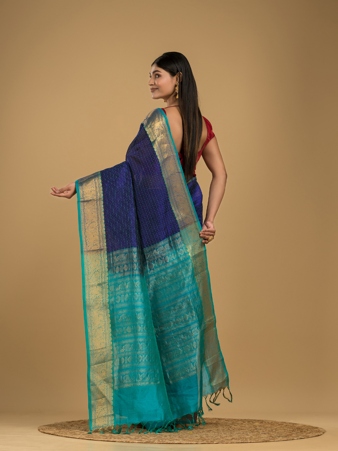 Pure handloom Korvai Silk Cotton Lakshadeepam Saree in Berry Blue and Baby Blue Border - 125