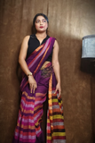 Handloom Linen Checks Saree with Pink and Multicolor Stripes-009