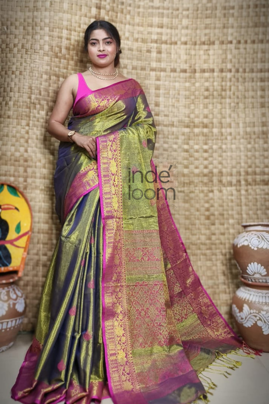 Tissue Silk Benarashi Jamdani Saree with Leaf Green-103