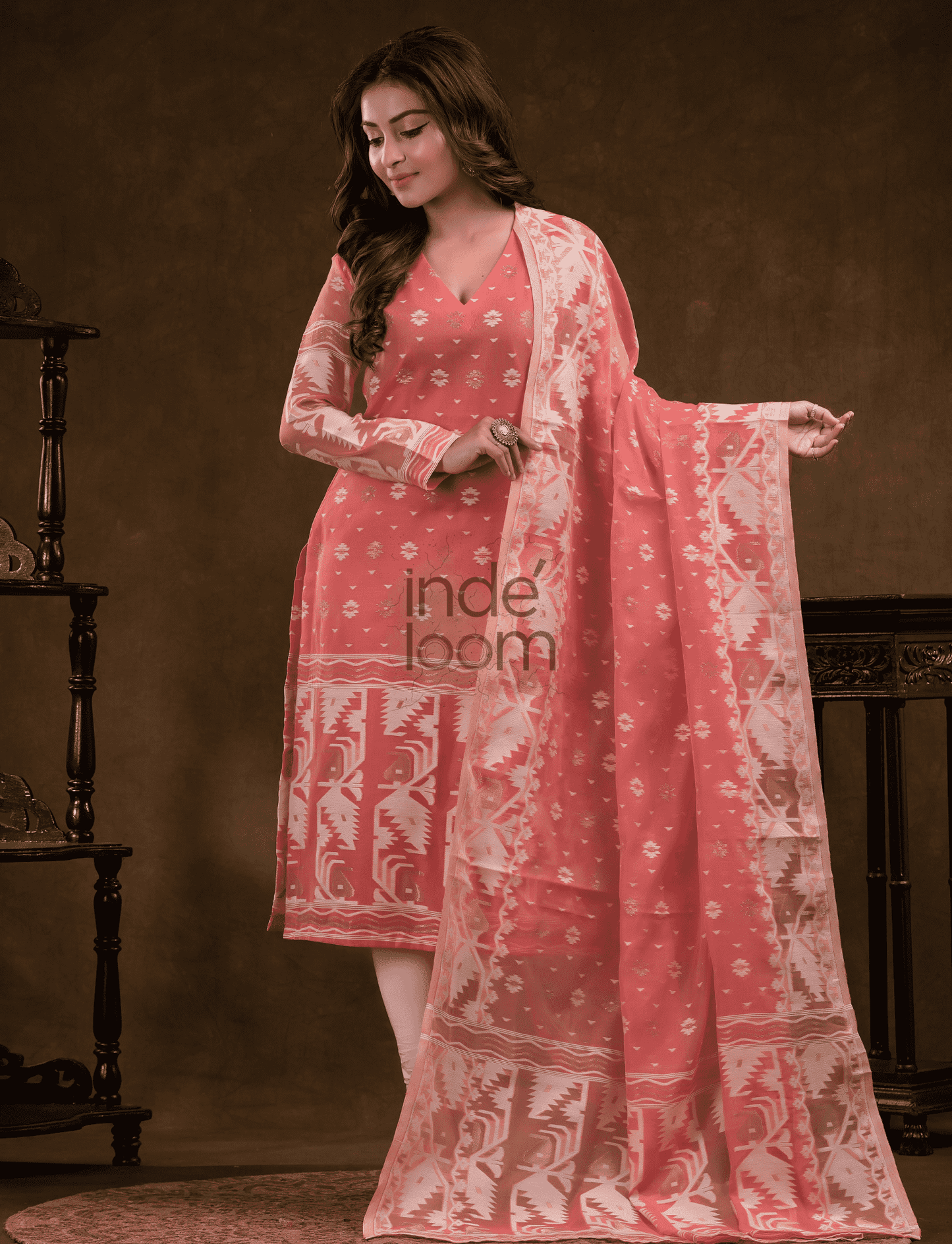 Rose Pink Cotton Silk Jamdani 2-Piece Set Kurti & Dupatta (UNSTITCHED) - 381