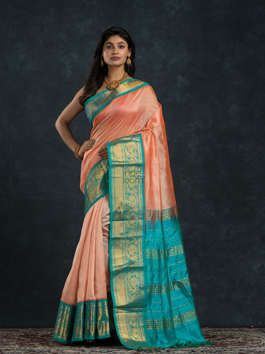 Korvai Saree in Pink - Azure Blue Border - 054