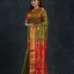 Korvai Saree Mayil-Chakram with Zari Checks Olive Green And Red Border - 121