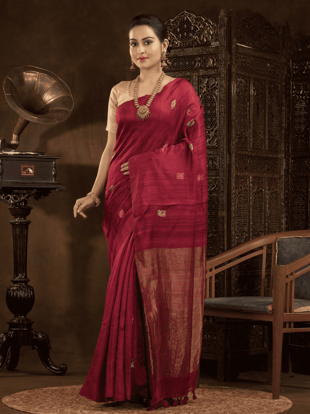 Cherry Red Matka Jamdani Saree - 018