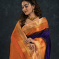 Pure handloom Korvai Saree with temple border Wine Purple With Beige & Orange Border - 113