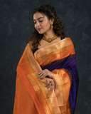 Pure handloom Korvai Saree with temple border Wine Purple With Beige & Orange Border - 113