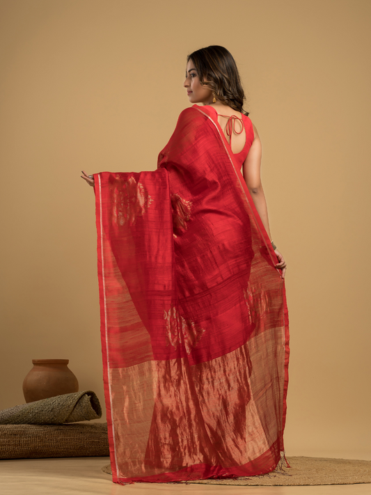 Apple Red Matka Silk Jamdani Saree - 044