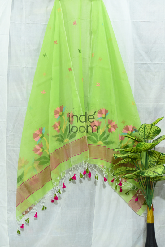 Muslin Jamdani 2 Piece Set Kurti & Dupatta with Lime Green - 171