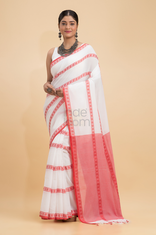 Dewali Saree Handloom Cotton  White with Red Pallu-009