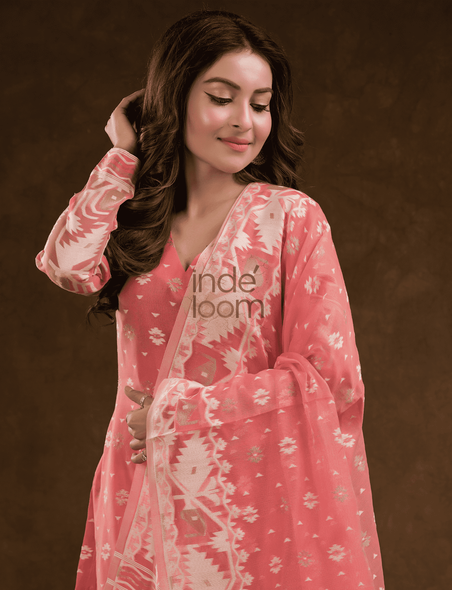 Rose Pink Cotton Silk Jamdani 2-Piece Set Kurti & Dupatta (UNSTITCHED) - 381