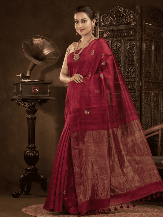 Cherry Red Matka Jamdani Saree - 018