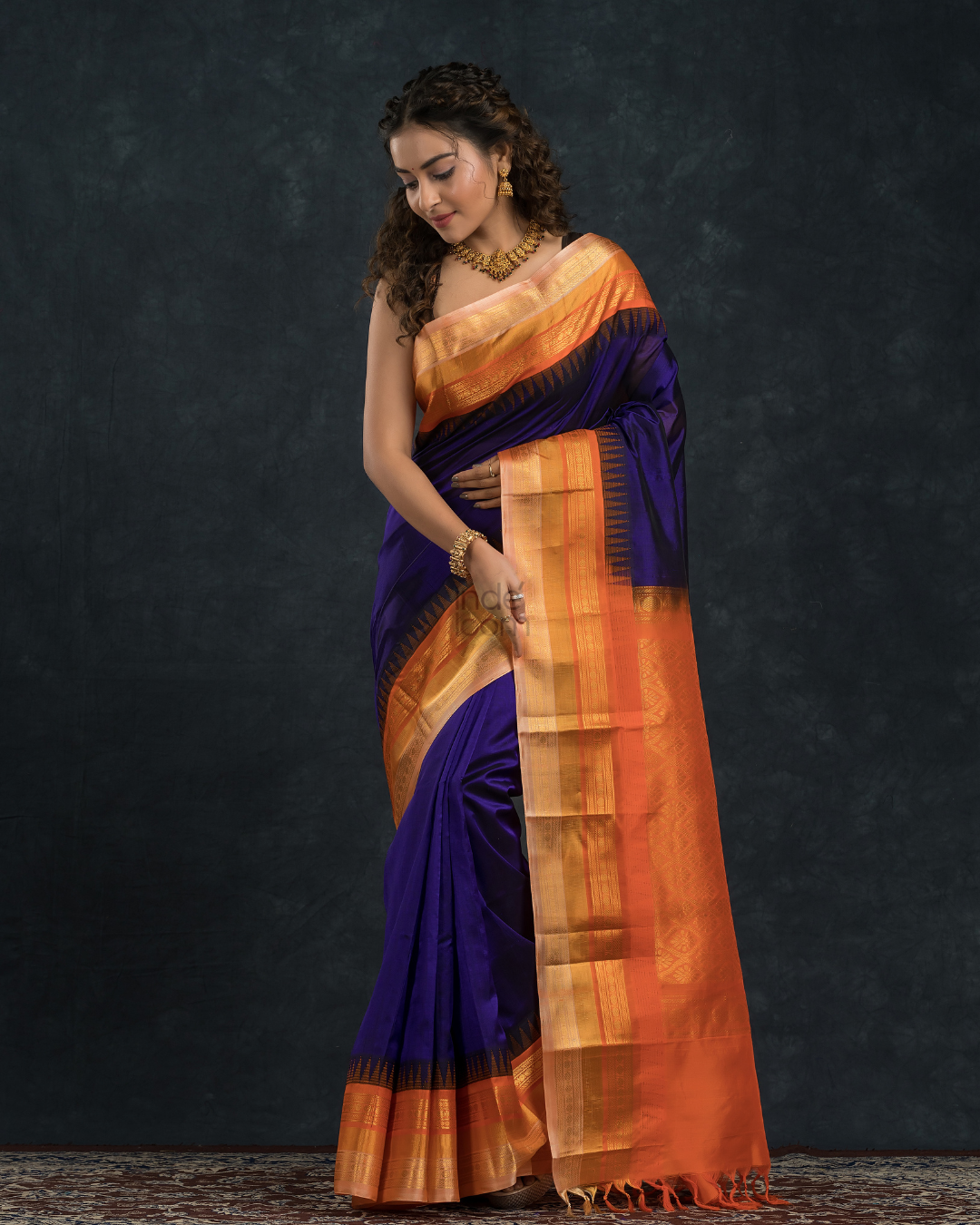 Pure handloom Korvai Saree with temple border Wine Purple With Beige & Orange Border - 113