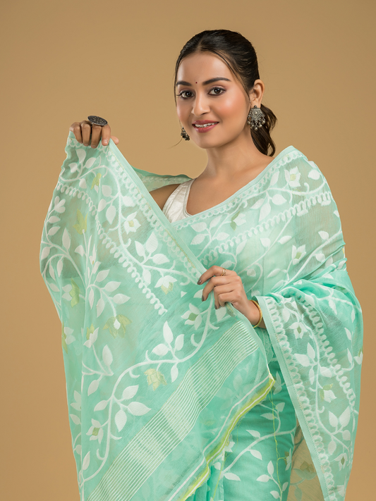 Mint Green Cotton Silk Jamdani Saree - 009