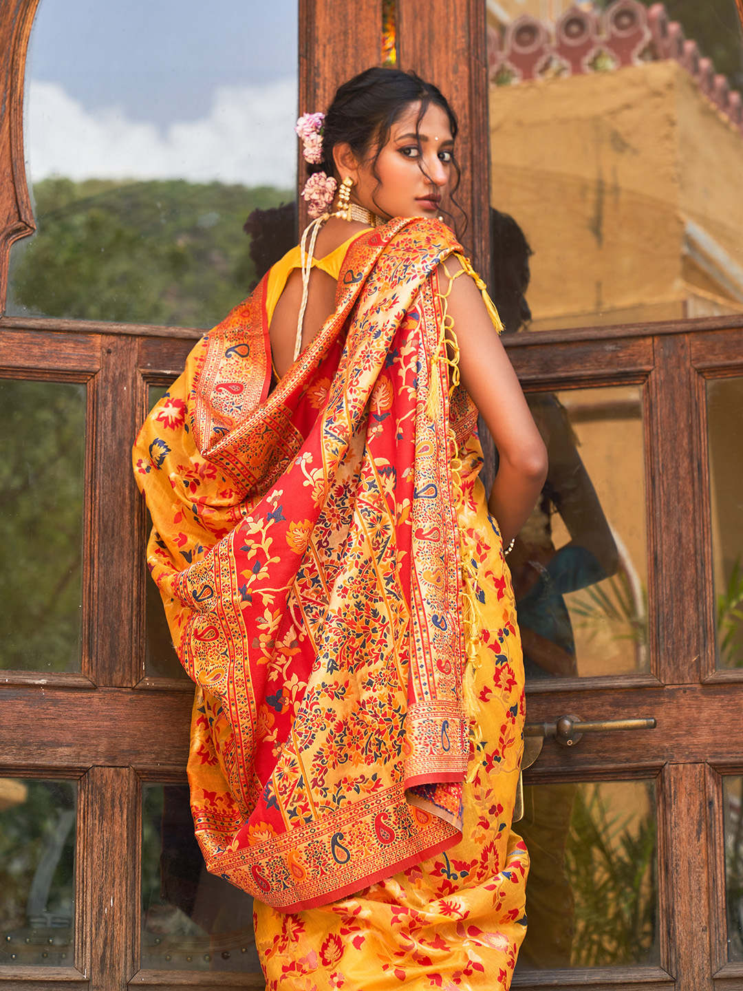 Paithani Floral Saree In Mustard Yellow (Precision Looms) - 007