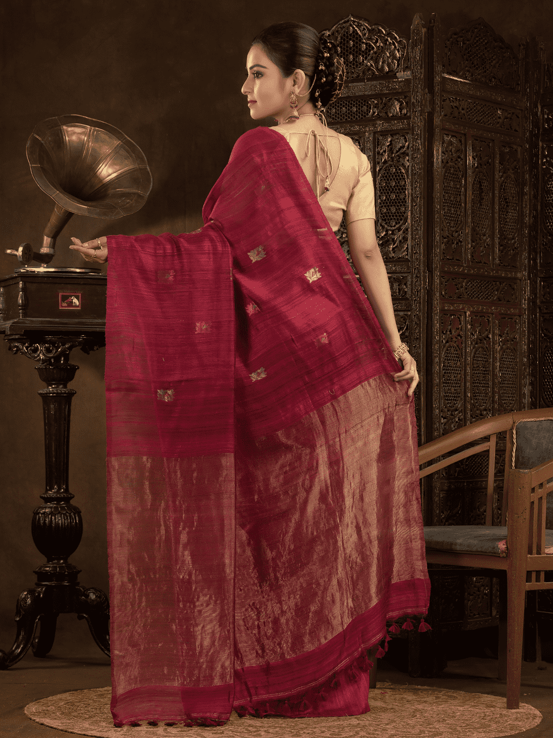 Cherry Red Matka Jamdani Saree - 018