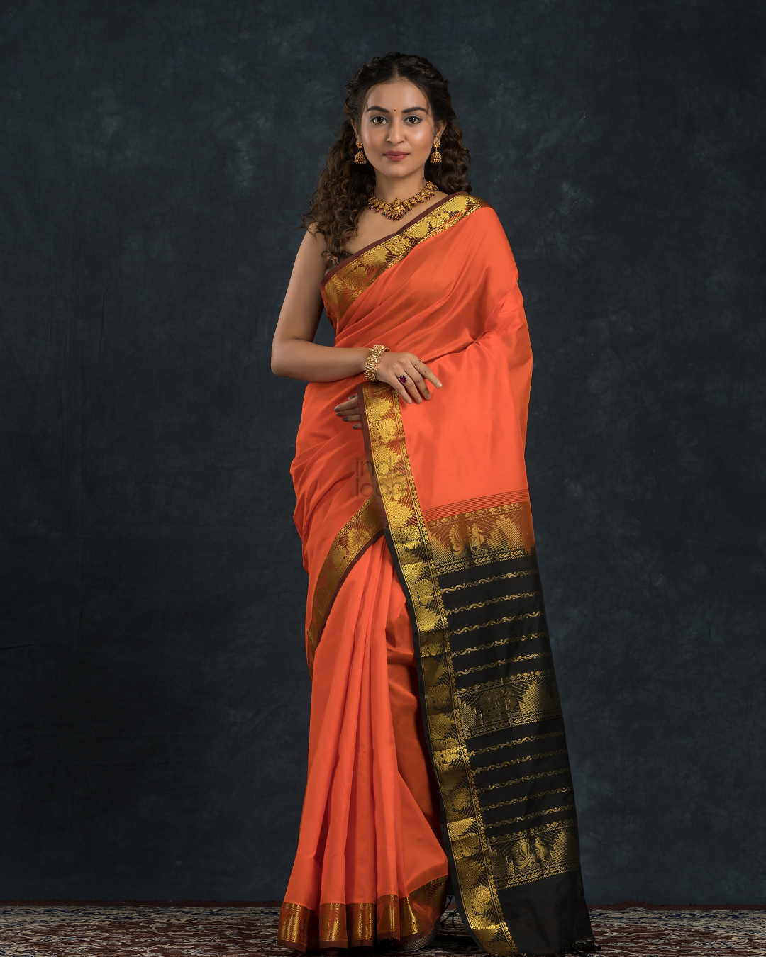 Pure handloom Korvai Saree classic Fire Orange and Black Border - 127