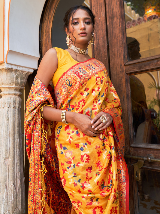 Paithani Floral Saree In Mustard Yellow (Precision Looms) - 007