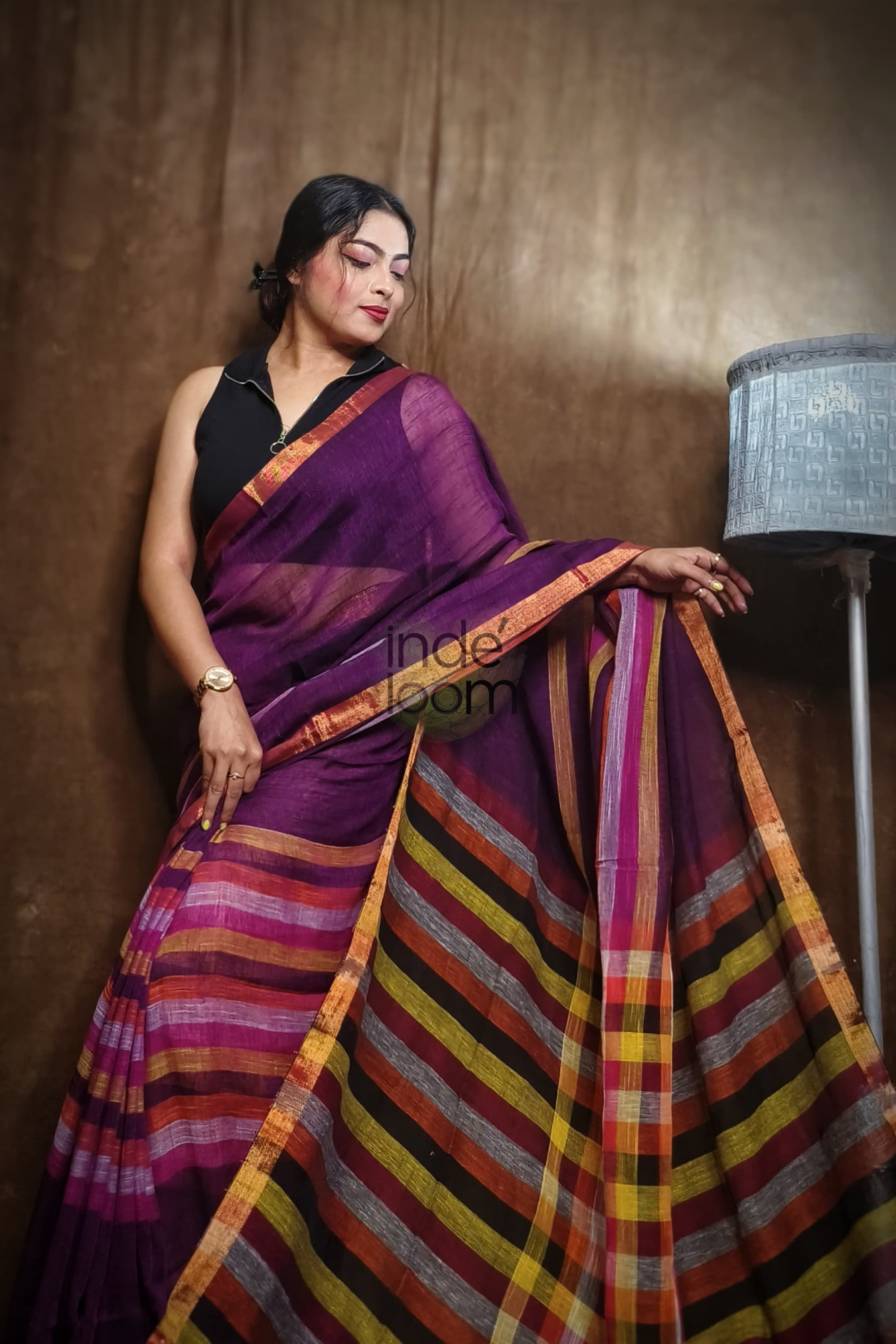 Handloom Linen Checks Saree with Pink and Multicolor Stripes-009