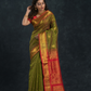 Korvai Saree Mayil-Chakram with Zari Checks Olive Green And Red Border - 121