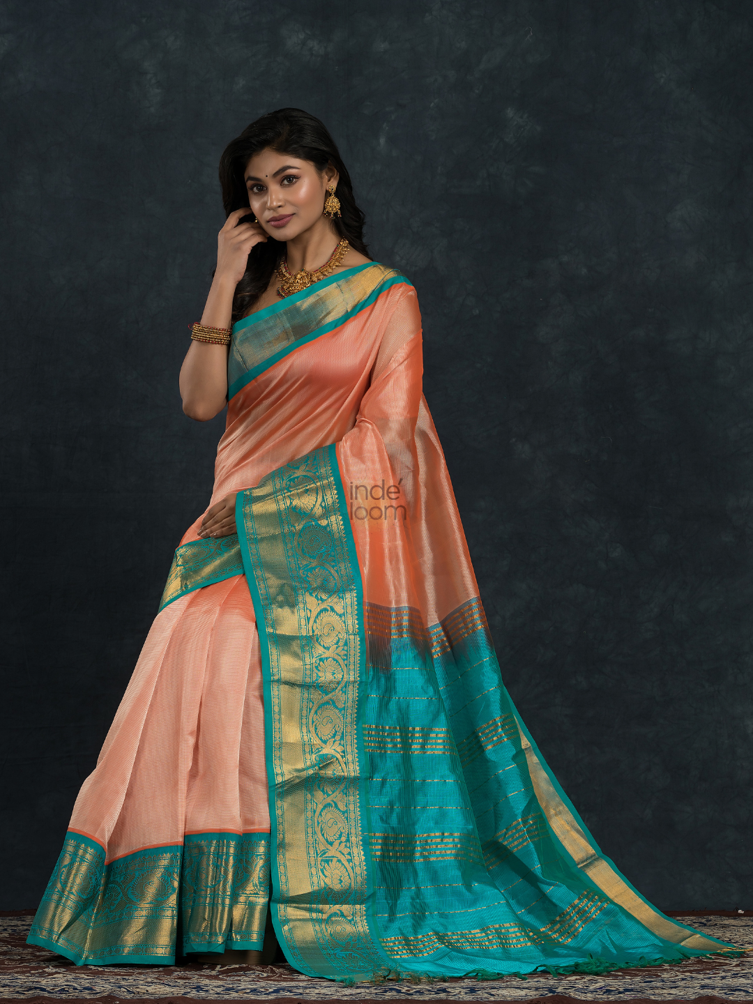 Korvai Saree in Pink - Azure Blue Border - 054